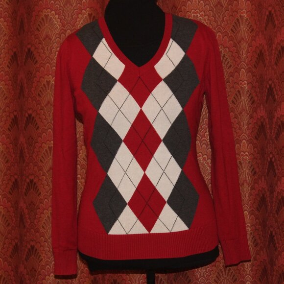 Izod Argyle V-Neck SWEATER Red Dark Gray and White Size SP - Picture 1 of 6